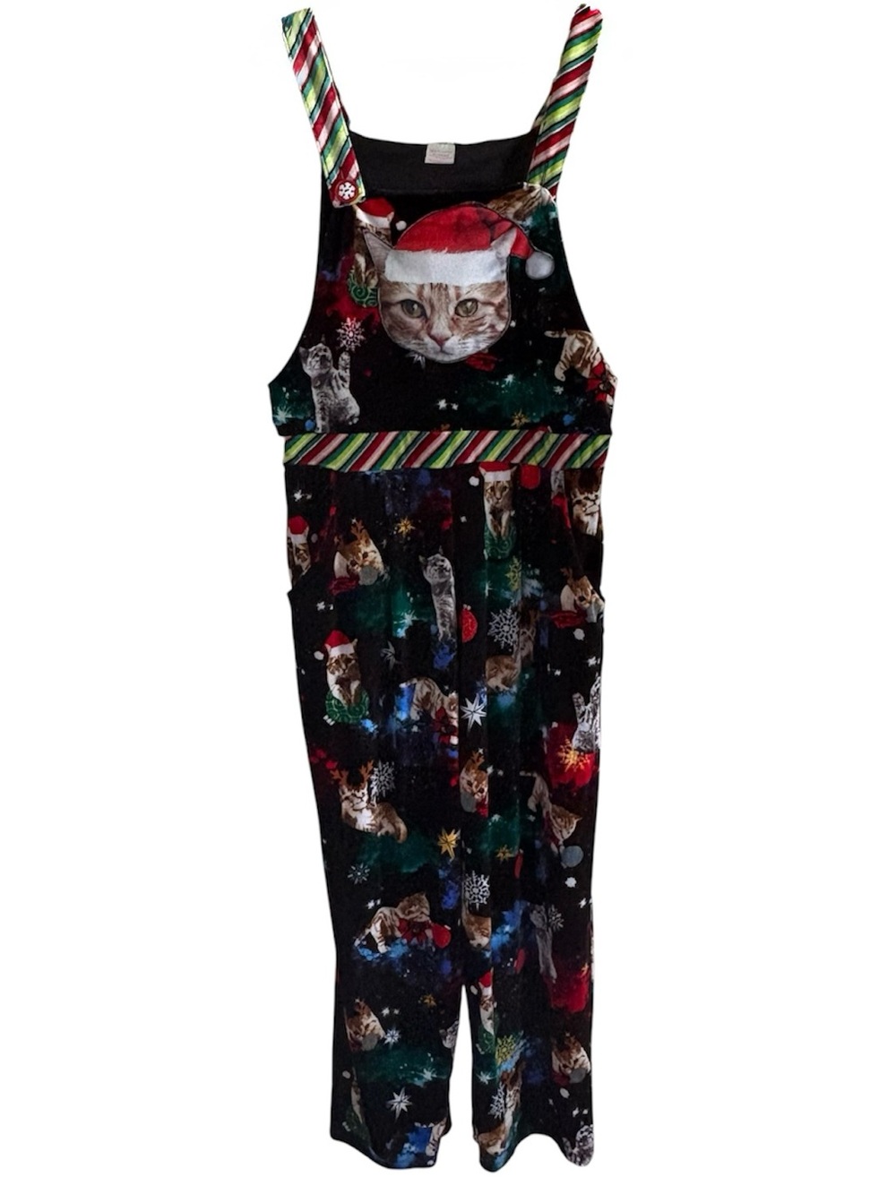 No Boundaries Women’s Holiday Christmas Cat Print One-Piece Overalls size XL